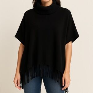 Charter Club Cashmere Fringe Poncho‎ Black Size S/M